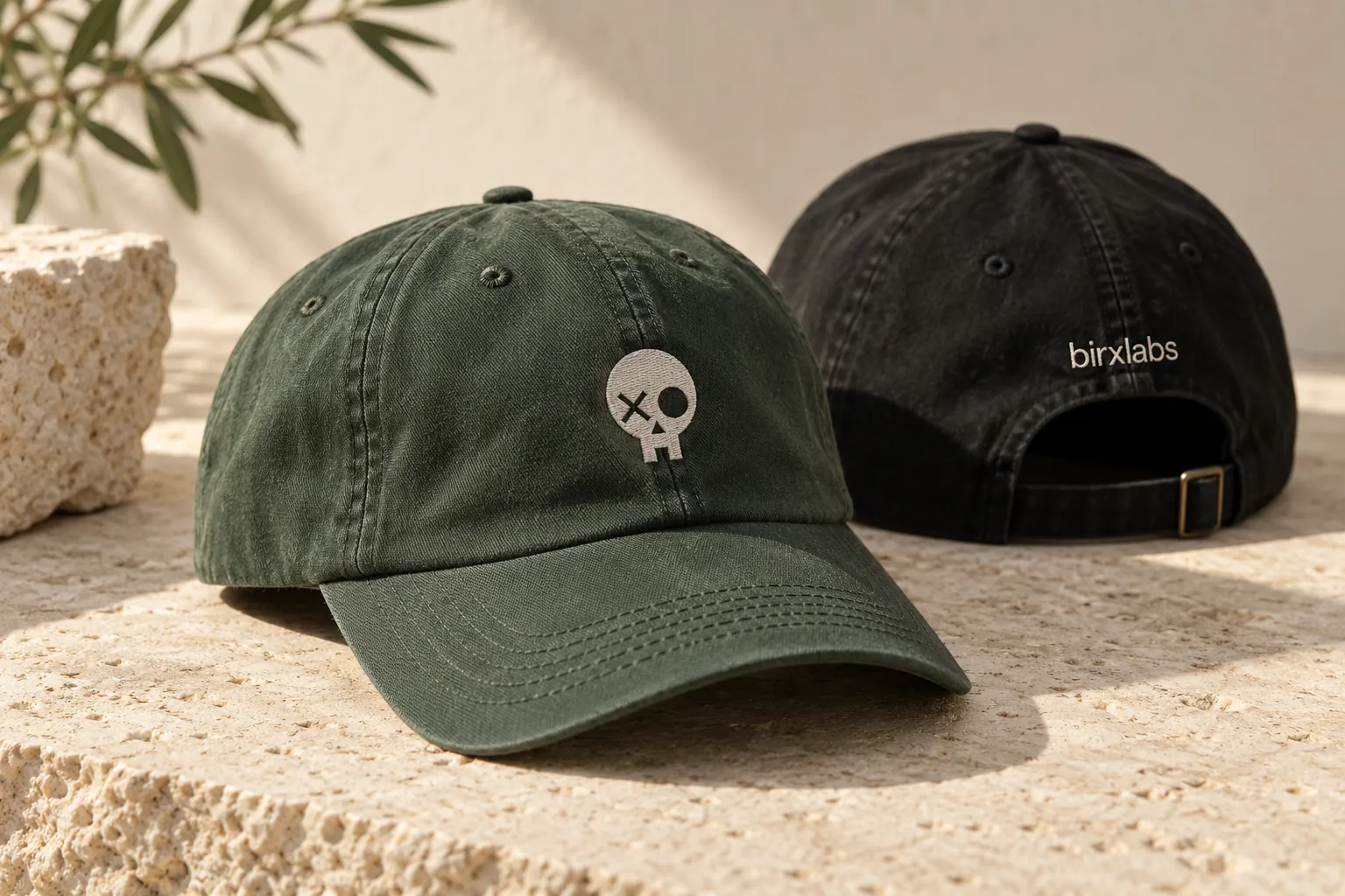 A forest-green cap with an embroidered skull and a black cap with the birxlabs wordmark, on limestone.